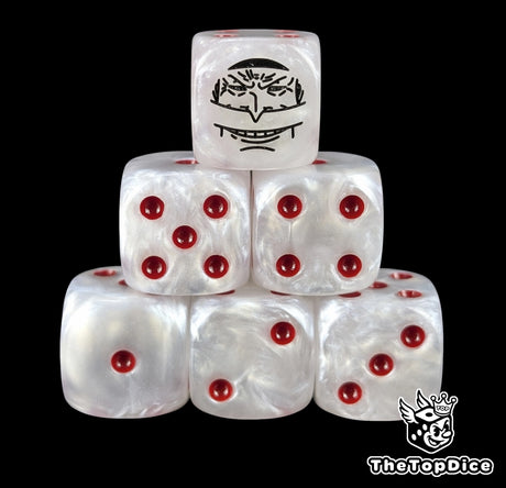 White 16mm D6 counter dice with a black pirate emblem and red pips for anime pirate TCG