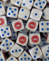 Pile of white and grey toothed maw 16mm D6 dice for a sci-fi legion army