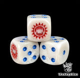 Close up of a white and grey 16mm resin D6 die engraved with a red toothed maw and blue pips
