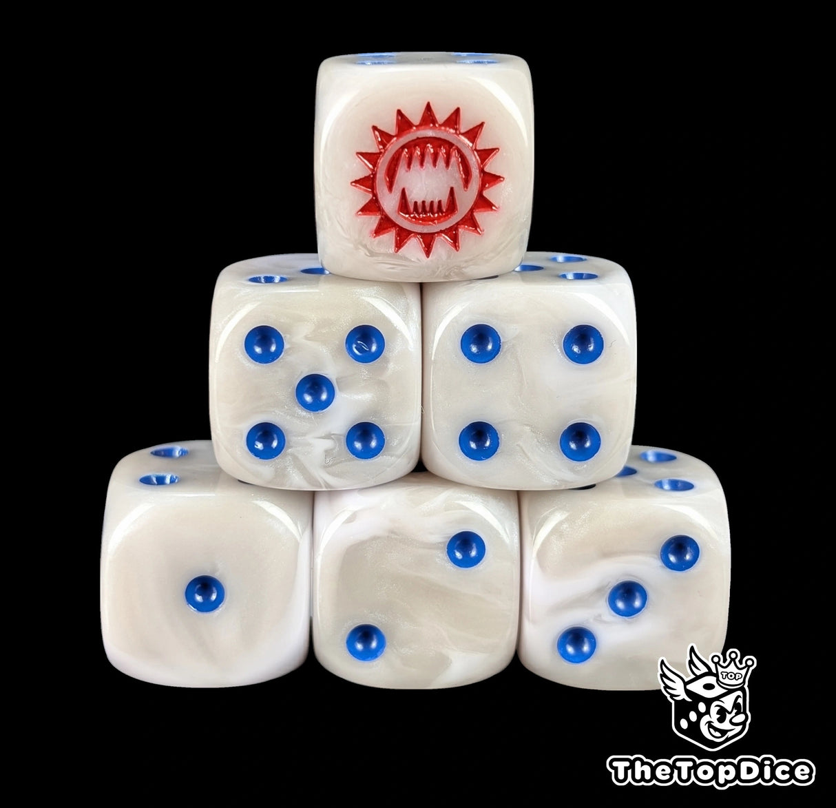 White and grey 16mm D6 dice with a red toothed maw emblem and blue pips for sci-fi wargaming