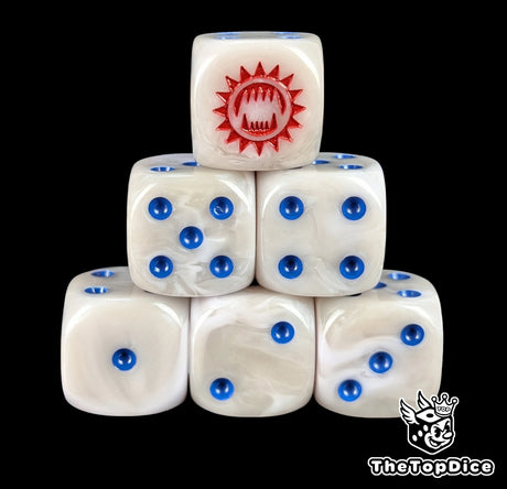 White and grey 16mm D6 dice with a red toothed maw emblem and blue pips for sci-fi wargaming