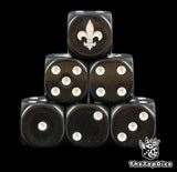 Six black Battle Sisters D6 stacked, white pips and a white fleur