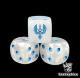 Close up of a white 16mm resin D6 die engraved with a blue winged star and blue pips