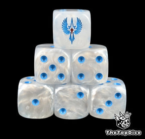 White 16mm D6 dice with a blue winged star emblem and blue pips for fantasy wargaming