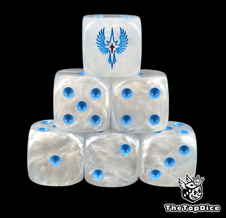 White 16mm D6 dice with a blue winged star emblem and blue pips for fantasy wargaming