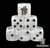 White 16mm D6 dice with a black wizard emblem and black pips for epic fantasy wargames