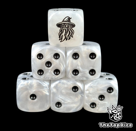White 16mm D6 dice with a black wizard emblem and black pips for epic fantasy wargames