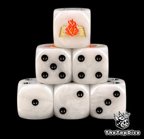 Six white Word Bearers D6 stacked, black pips and a burning book