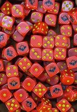Pile of red winged blood 16mm D6 dice for a sci-fi angel army