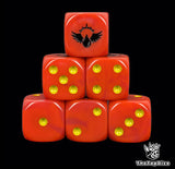 Red 16mm D6 dice with a black winged blood drop emblem and yellow pips for sci-fi wargaming
