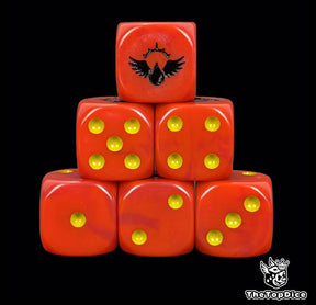 Red 16mm D6 dice with a black winged blood drop emblem and yellow pips for sci-fi wargaming