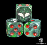 Close up of a green 16mm resin D6 die engraved with a white winged sword and red pips