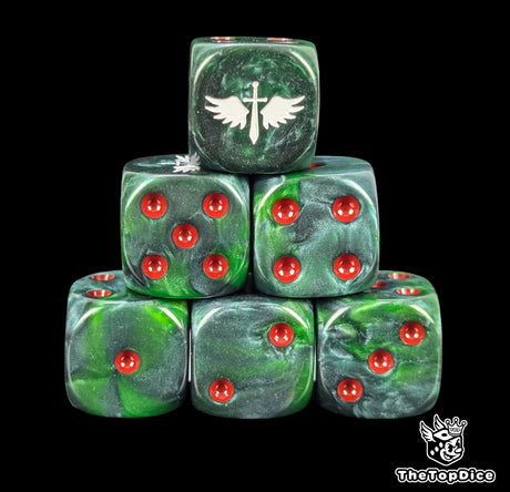 Green 16mm D6 dice with a white winged sword emblem and red pips for sci-fi wargaming