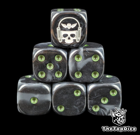Black and grey 16mm D6 dice with a white winged skull emblem and green pips for sci-fi wargaming