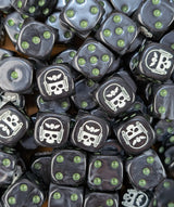 Pile of black and grey winged skull 16mm D6 dice for a sci-fi guard army