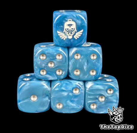 Blue resin D6 dice with a white winged gas mask helm and silver pips