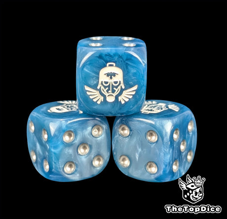 Close-up of a blue D6 die with a white winged helm