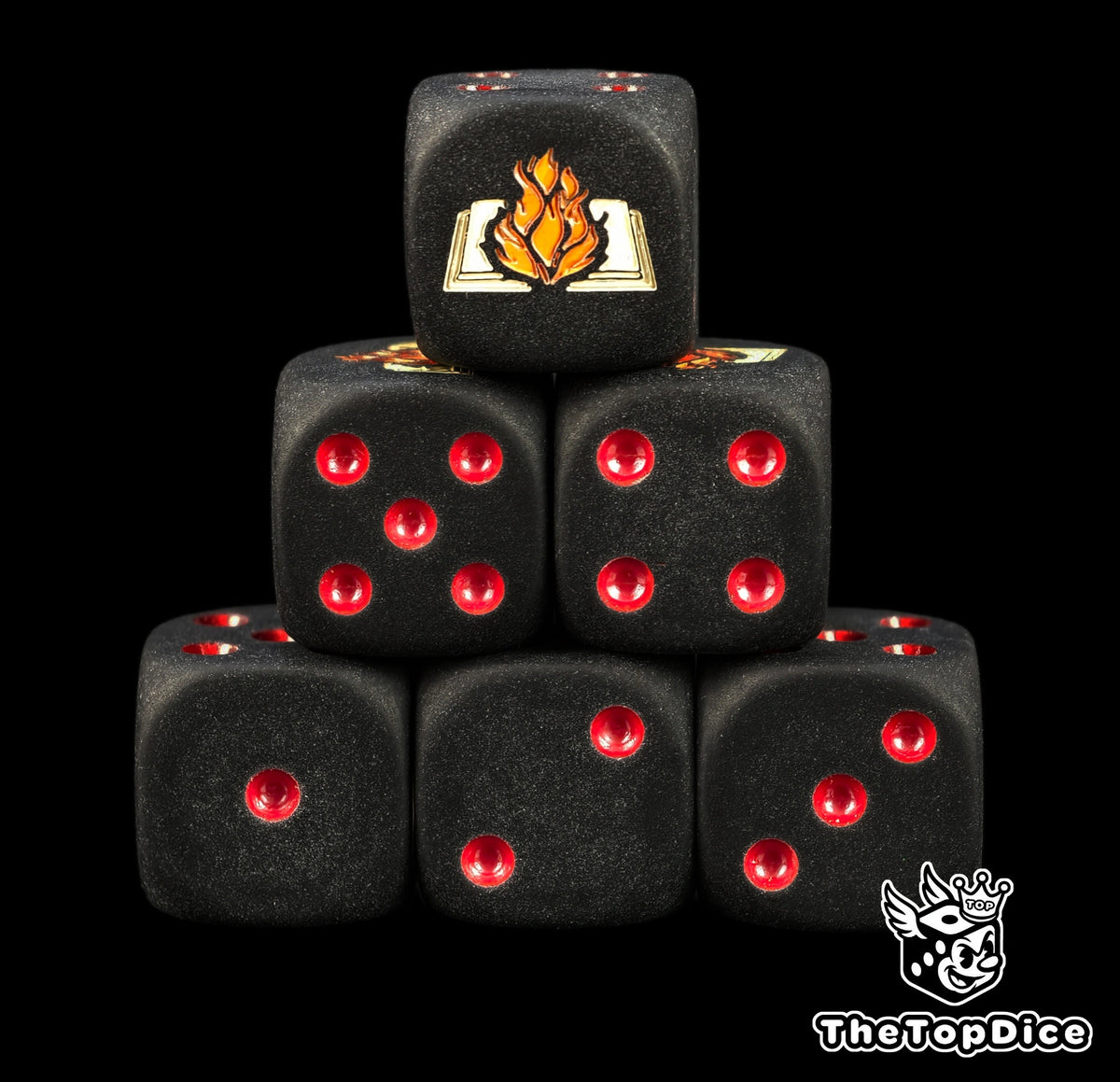 Word Bearers chaos space marine dice, matte black 16mm resin D6 with red pips and a burning parchment book, stacked in a pyramid