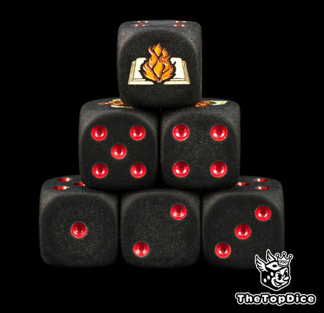 Word Bearers chaos space marine dice, matte black 16mm resin D6 with red pips and a burning parchment book, stacked in a pyramid