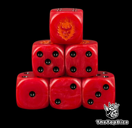 Word Bearers chaos space marine dice, crimson red 16mm resin D6 with black pips and an orange fire daemon face, stacked in a pyramid