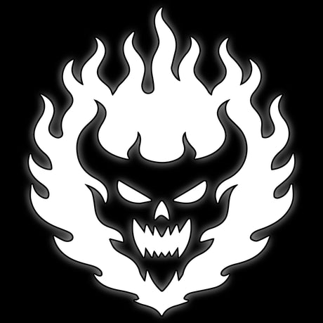 Flaming daemon skull wreathed in fire, white on black, tile for zealot preacher legion 16mm dice