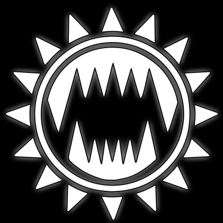Fanged maw inside a spiked sun ring, white on black, tile for berserker devourer legion 16mm dice