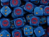 Pile of blue heresy era World Eaters dice showing the red maw and the gold pips