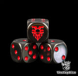 Close up of black World Eaters dice with red pips and a red Khorne skull rune