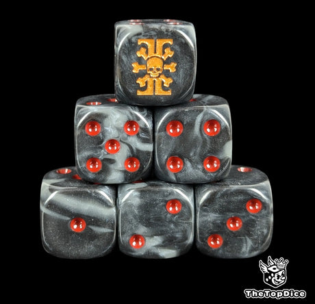 Black and grey 16mm D6 dice with a skull and gold sigil emblem and red pips for sci-fi wargaming