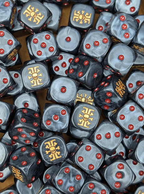 Pile of black and grey xeno hunter 16mm D6 dice for a sci-fi kill team