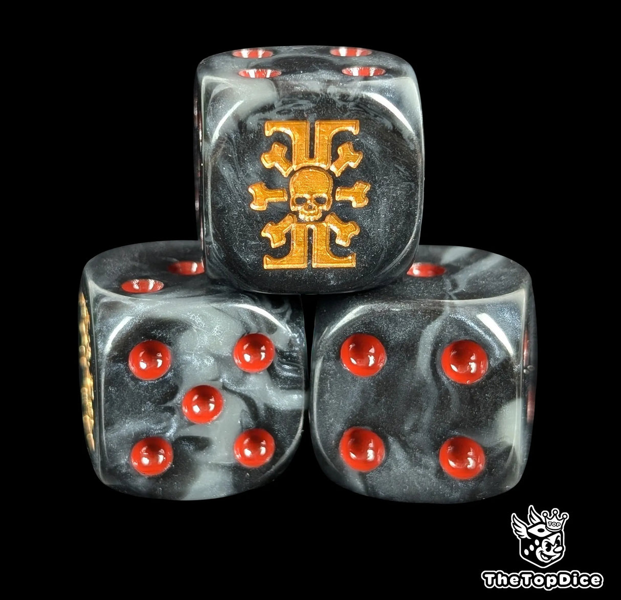 Close up of a black 16mm resin D6 die engraved with a skull set inside a gold sigil and red pips
