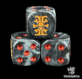 Close up of a black 16mm resin D6 die engraved with a skull set inside a gold sigil and red pips