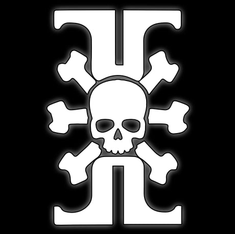 Skull and crossbones on an ornate I bar, white on black, tile for xenos hunter 16mm dice