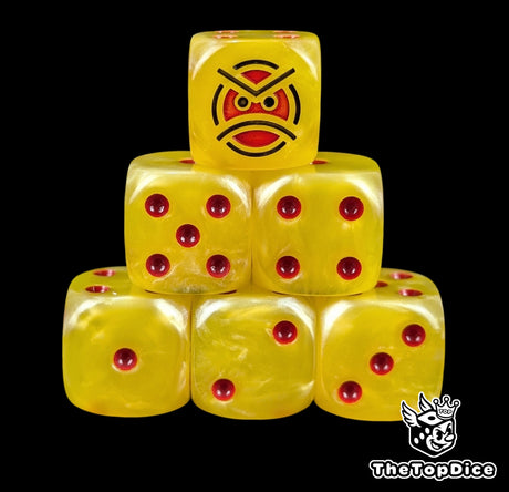 Yellow 16mm D6 dice with a red angry face emblem and red pips for sci-fi wargaming