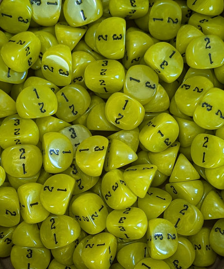 Pile of yellow D3 three sided dice for tabletop games