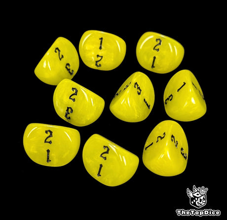 Yellow 16mm D3 dice with black numbers 1 to 3 for tabletop and wargames
