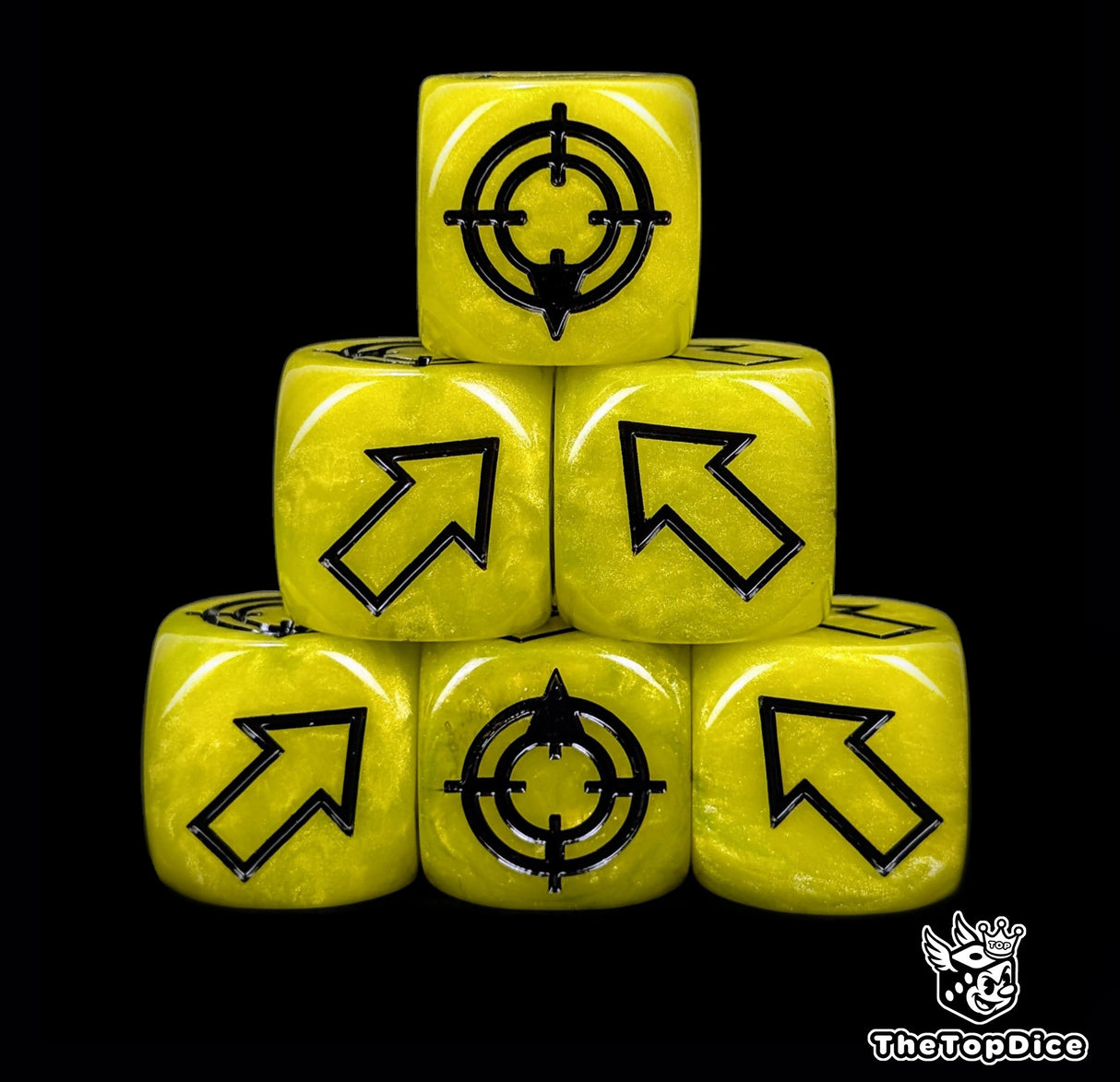 Yellow 16mm scatter dice with black arrows and hit faces for wargames