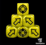Yellow 16mm scatter dice with black arrows and hit faces for wargames