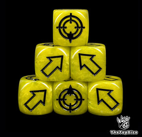 Yellow 16mm scatter dice with black arrows and hit faces for wargames
