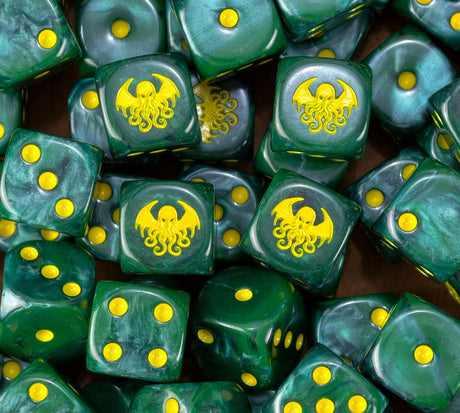 A pile of green Cthulhu D6 with yellow pips and tentacled heads