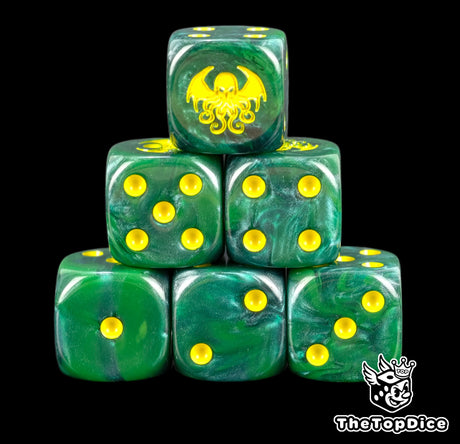 Six green Cthulhu D6 stacked, yellow pips and a yellow tentacled head