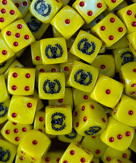 Pile of yellow fist 16mm D6 dice for a sci-fi siege army