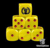 Yellow 16mm D6 dice with a black fist and laurel emblem and red pips for sci-fi wargaming