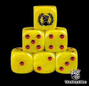 Yellow 16mm D6 dice with a black fist and laurel emblem and red pips for sci-fi wargaming