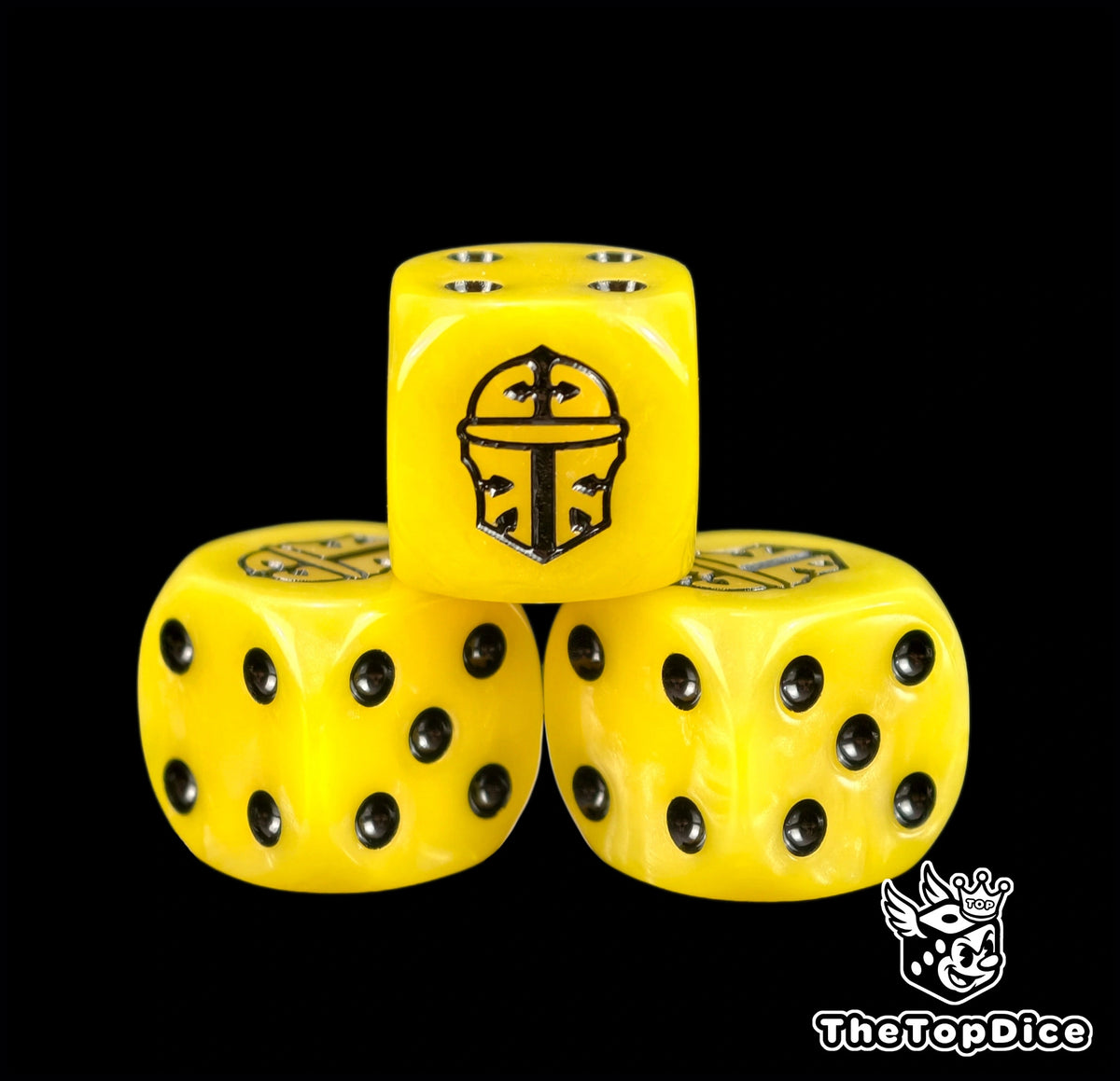 Three yellow knight dice with a black Imperial Knight helm on top