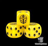 Three yellow knight dice with a black Imperial Knight helm on top