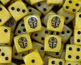 A pile of yellow knight D6 with black pips and black knight helms