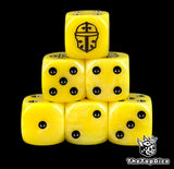 Six yellow Imperial Knight D6 stacked, black pips and a black helm