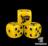 Close up of a yellow 16mm resin D6 die engraved with a black hive alien head and black pips