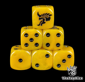 Yellow 16mm D6 dice with a black hive alien head emblem and black pips for sci-fi wargaming